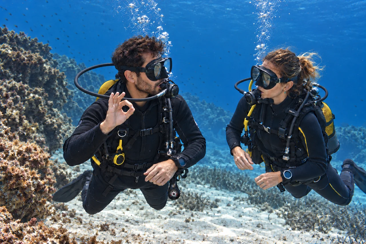 Two divers close up beside a reef, one giving the OK sign