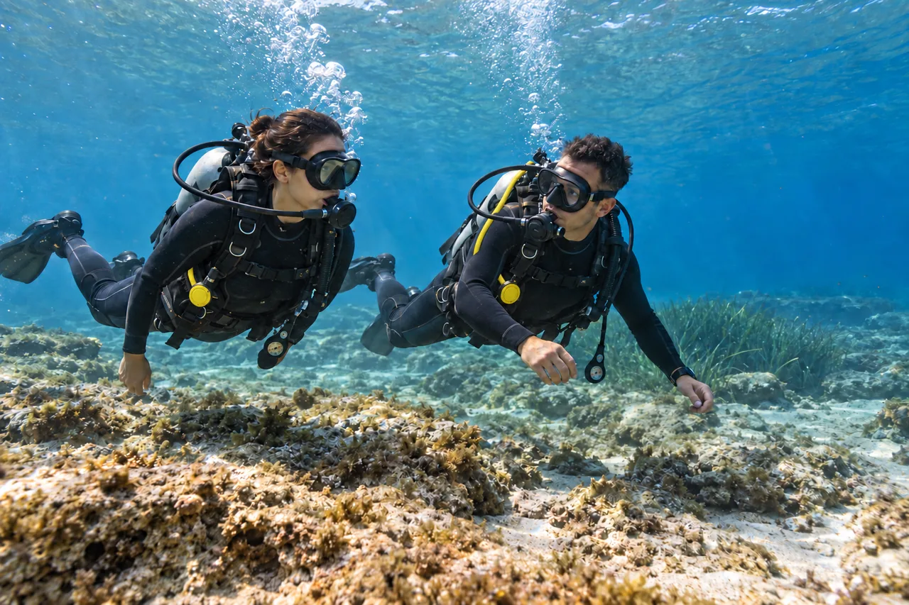 Two divers on an open-water dive over seagrass off Mallorca
