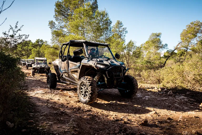 Offroad buggy in front of a convoy of buggies on a rocky track between trees