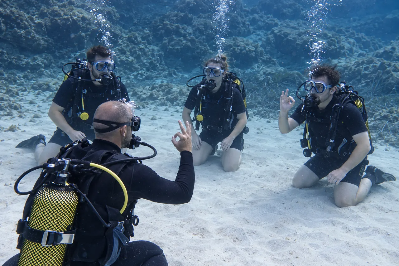 An instructor kneeling on sand gives the OK sign to three students