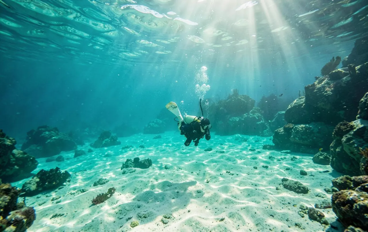 Diver exploring bright, shallow Mediterranean water in Mallorca