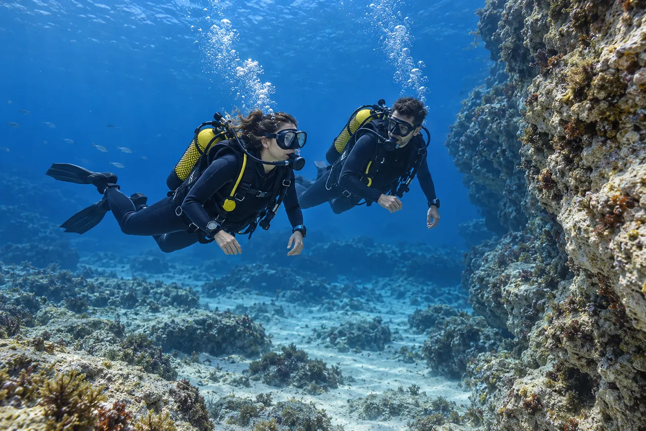 Two divers beside an underwater rock wall