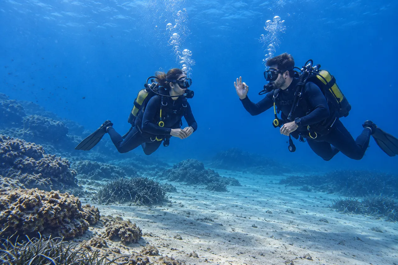 Two divers hovering above a sandy seabed, one giving the OK sign